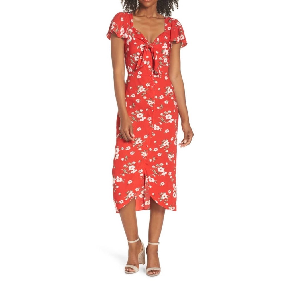 NTW Chelsea28 Red Floral Knot Bodice Midi Dress, Size XS
